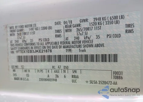 2018 Ford F-150 Xl z USA, uszkodzony, nr VIN 1FTEX1EB3JKE21878